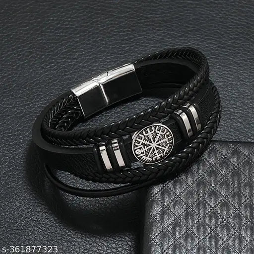 Black Genuine Leather Bracelet with Silver Compass Charm