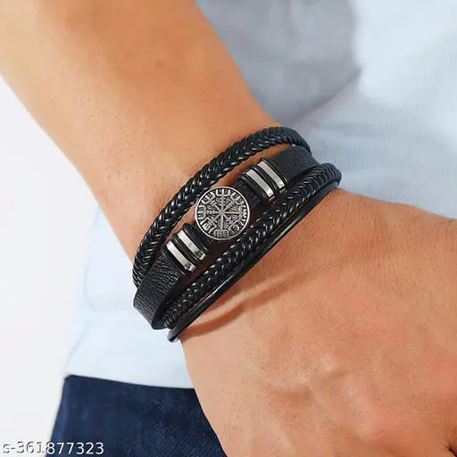 Black Genuine Leather Bracelet with Silver Compass Charm