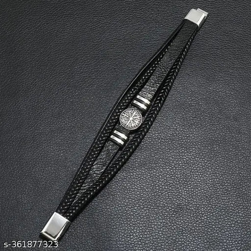 Black Genuine Leather Bracelet with Silver Compass Charm