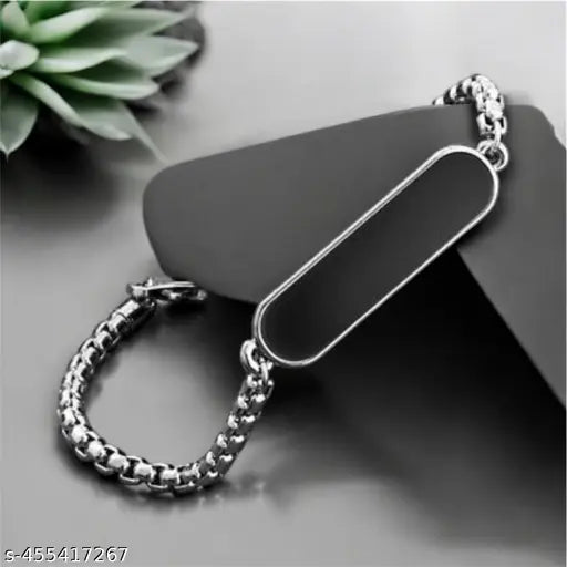 Stylish Black Plate Chain Bracelet for Men - Silver Finish Adjustable Wristband